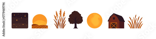 Farm landscape elements with stars, sun, tree, wheat, moon, barn
