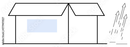 Simple house with a window and arrows representing solar rays absorbed for green energy generation. Ideal for renewable energy, sustainability, eco-technology, solar power, future living, green