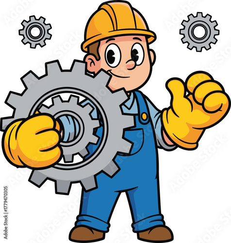 Construction worker with gears cartoon illustration, symbolic service and expressive teamwork character artwork for design and education