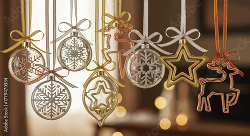 Elegant christmas ornaments with snowflakes stars and reindeer hanging on ribbons