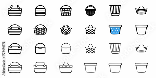 Collection of various basket and container icons in outline style arranged in a grid pattern design