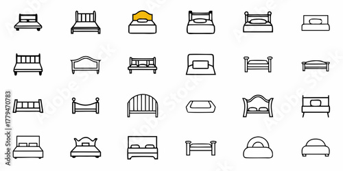 Collection of twenty four different bed frame designs in a simple black outline style on a white background