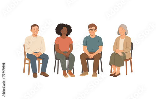 Group of diverse people sitting on chairs engaging in a casual meeting