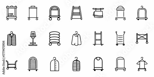 Collection of various hotel service equipment icons in a simple black and white line drawing style