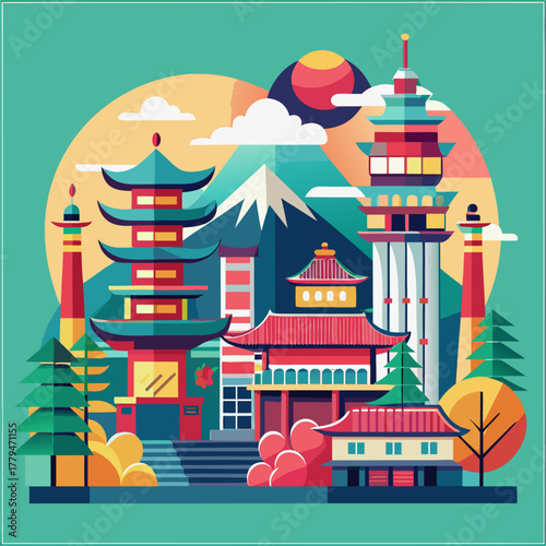Colorful vector illustration of a traditional asian cityscape with pagodas