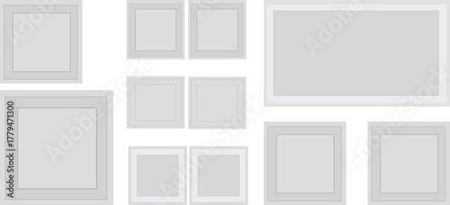 Realistic empty photo card frame, film set. Retro vintage photograph with transparent adhesive tape and paper clip. Digital snapshot image. Template or mockup for design. Vector illustration.