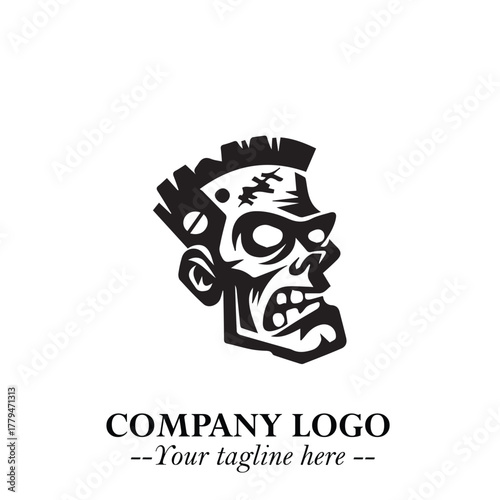 Head of Zombie Logo Symbol in Black on the White Background with Horror Minimal Vector Design