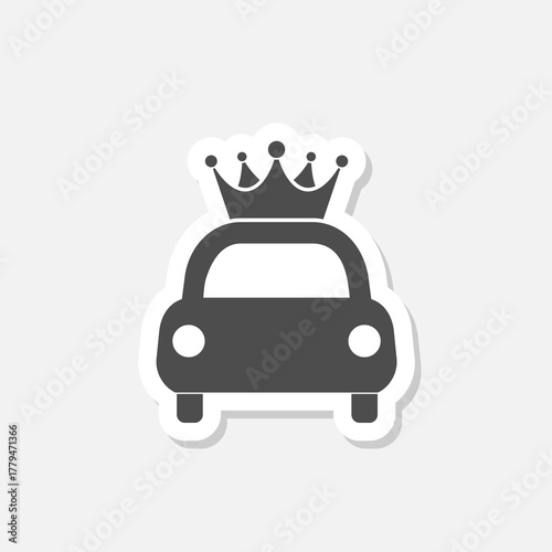 Simple car with crown icon sticker isolated on gray background