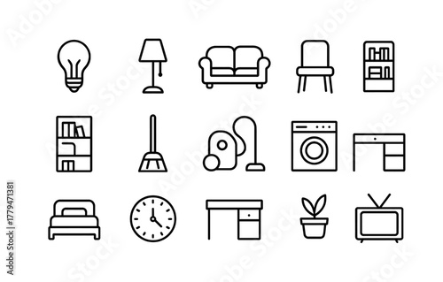 Minimalist line art: home and furniture icon set for modern interiors
