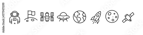 Space exploration icons: astronaut, rocket, ufo, satellites, earth, moon in linear style