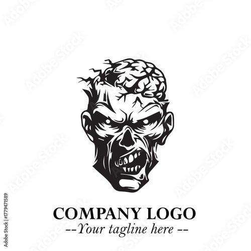 Head of Zombie Logo Symbol in Black on the White Background with Horror Minimal Vector Design