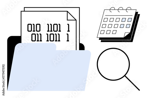 Folder with binary code documents, adjacent calendar, magnifying glass for data analysis, planning, or research. Ideal for programming, data science, organization, scheduling analysis coding