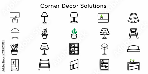 Illustration of home decor items including lamps plants shelves and other furniture in a simple line style
