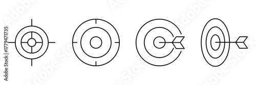 Target bullseye, archery dart, goal aim achievement, arrow hit center icon set, minimal outline success vector illustration.