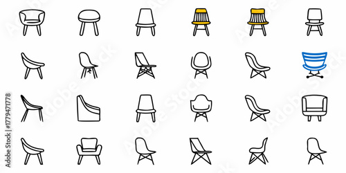 A collection of twenty four chair designs in black outline with some chairs having color accents