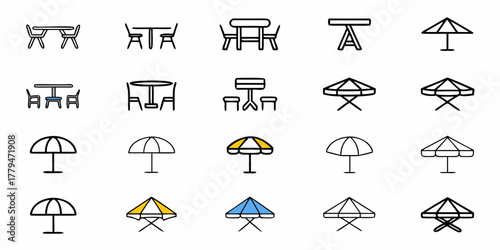 Illustration of tables and chairs with umbrellas in various styles and configurations on a white background