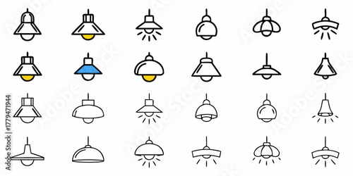 Illustration showing a variety of pendant lights with different shapes and designs in a simple style