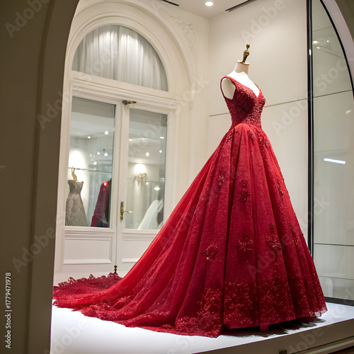 Elegant Red Gown Display Couture Fashion Apparel