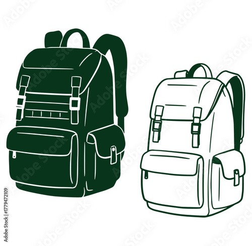 Simple black and white illustrated backpacks for travel camping hiking outdoor activities