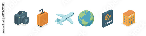 Isometric travel icons featuring camera, suitcase, airplane, globe, passport, and hotel
