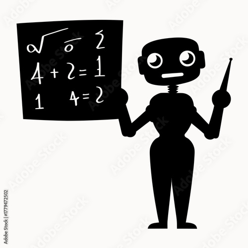 Illustration of a robot teacher holding a blackboard with mathematical equations and a pointer stick