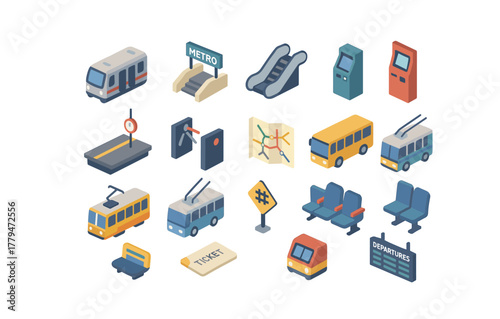 Isometric public transportation elements: buses, trains, tickets, and more in modern design