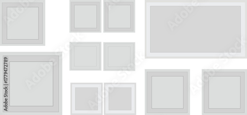 Realistic empty photo card frame, film set. Retro vintage photograph with transparent adhesive tape and paper clip. Digital snapshot image. Template or mockup for design. Vector illustration.