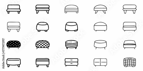 Collection of diverse ottoman designs with varying shapes and patterns in black and white outline style