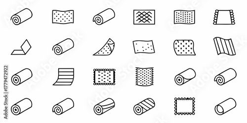 Illustration of various rolled and flat fabrics with different patterns and textures in a simple line art style