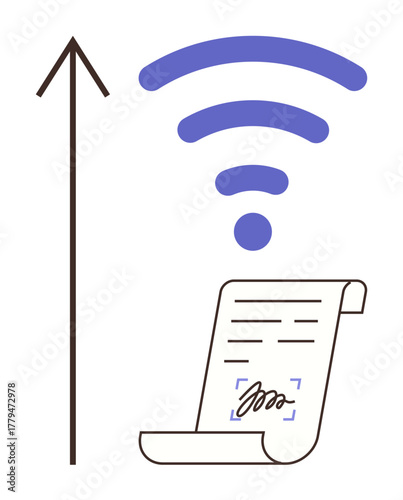 Wireless signal above a signed document and upward arrow representing digital file sharing, e-signatures. Ideal for online contracts, technology, communication, innovation, business, efficiency