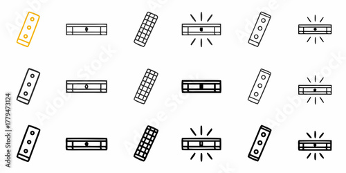 Illustration showing rows of remote controls and light bars in black and white and a single gold one