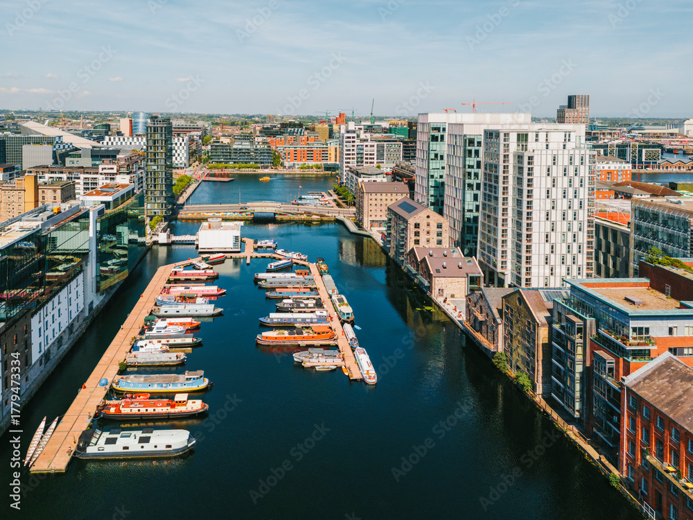 Fototapeta premium Aerial view of Grand canal in Docklands Dublin, Ireland