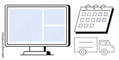 Monitor with interface, calendar, and delivery truck representing digital scheduling, logistics, e-commerce, planning, and task management. Ideal for time management, shipping online services