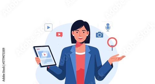 Woman Presenting Multimedia Content on Tablet with Social Media Symbols