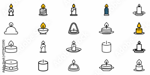 Collection of twenty candles with different designs and shapes in a well organized arrangement