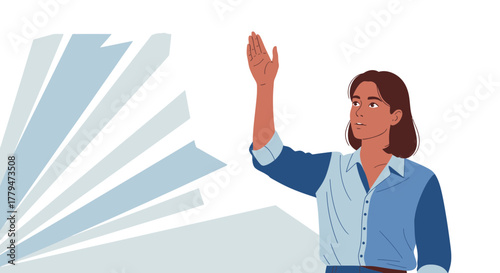 Woman Raising Hand Vector Illustration With Abstract Elements On White Background