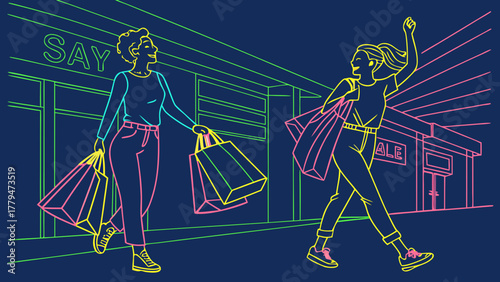 Neon Outline of Girl Friends Shopping in Mall Vector 