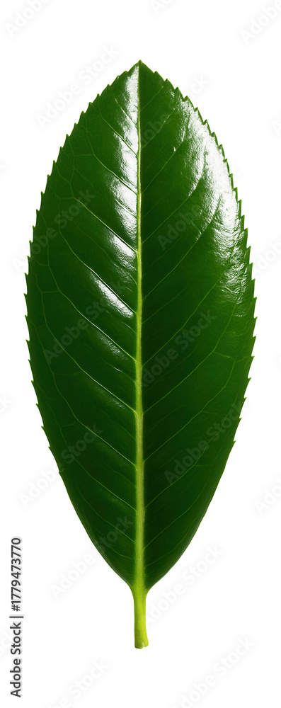Obraz premium Glossy green rhododendron leaf featuring serrated edges.