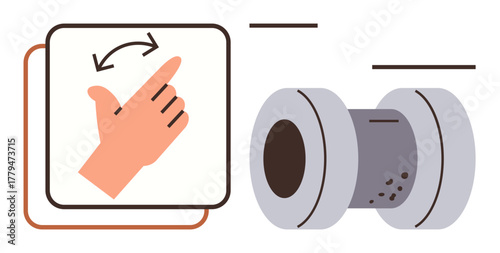 Hand with rotation gesture and cylindrical roller, suggesting rotation. Ideal for instructions, mechanics, repair, technology, manufacturing, engineering learning concepts. Simple flat metaphor