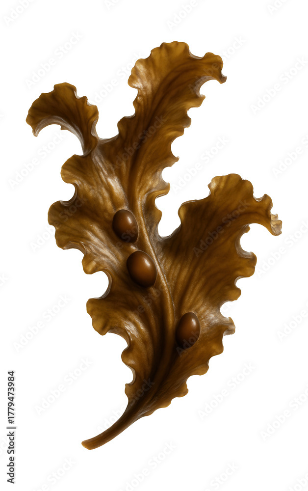 Naklejka premium Wavy-edged brown seaweed with air bladders.