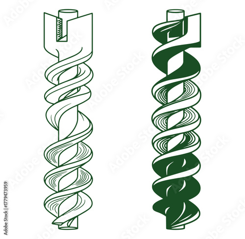 Two detailed illustrations of a helical screw-shaped construction component with spirals