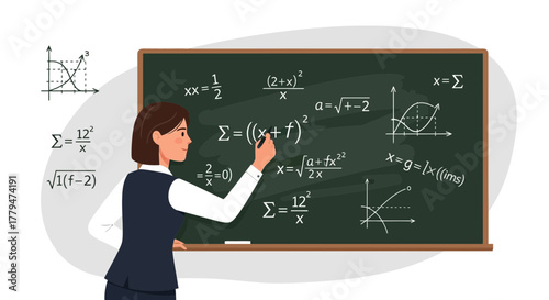 Woman Solving Complicated Equations On A Chalkboard For Educational Illustration