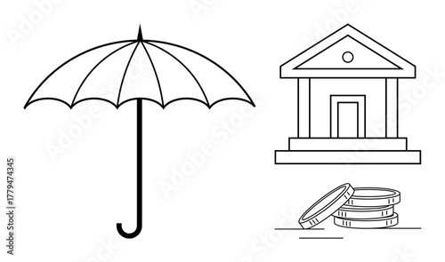 Umbrella alongside bank structure and stacked coins, emphasizing financial protection, savings, wealth management, risk coverage, economy, stability, and trust. Simple flat metaphor