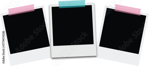Realistic empty photo card frame, film set. Retro vintage photograph with transparent adhesive tape and paper clip. Digital snapshot image. Template or mockup for design. Vector illustration.