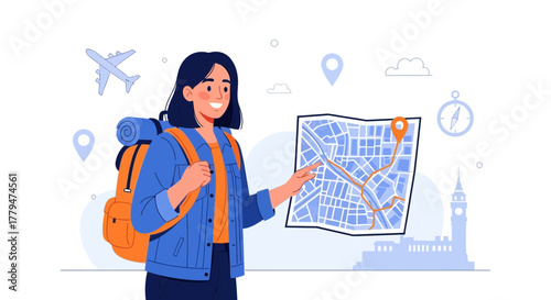 Woman Traveler Planning Trip With Map, Airplane, Backpack, and Compass in Illustration