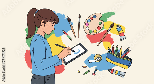 Young Artist Creating Digital Art With Stylus and Tablet Surrounded By Artistic Tools