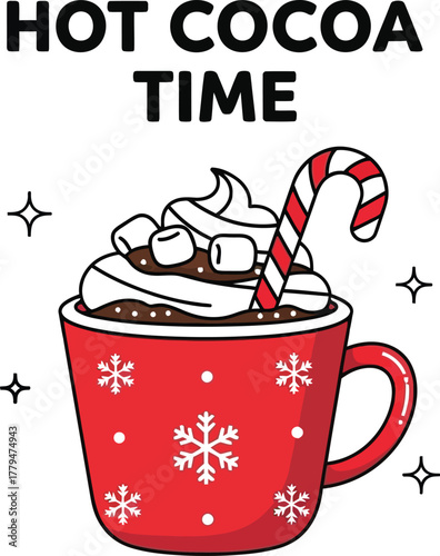 Festive hot cocoa with marshmallows and candy cane for a cozy winter holiday