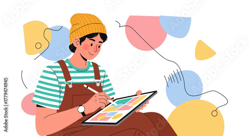 Young Designer Illustrating on Tablet, Digital Art and Modern Creative Illustration