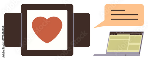 Heart icon on a screen, chat bubble with text lines, and a laptop. Ideal for online love, communication, technology, social interaction, digital networking, relationship building simple flat