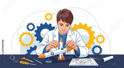 Young Engineer Assembling Rocket Model With Tools and Blueprint Design Illustration